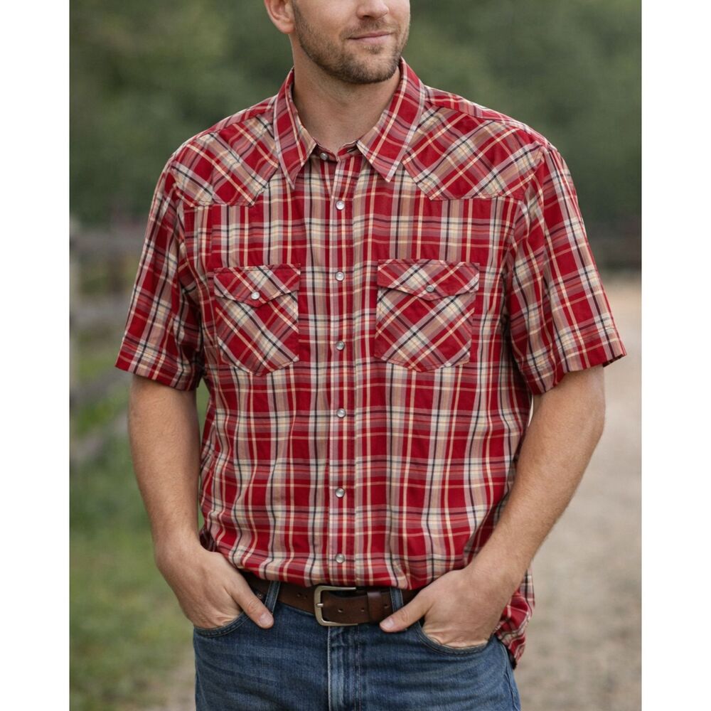 OLD NAVY Red Plaid Cotton XXL Men's Button-Down Short Sleeve Casual Shirt